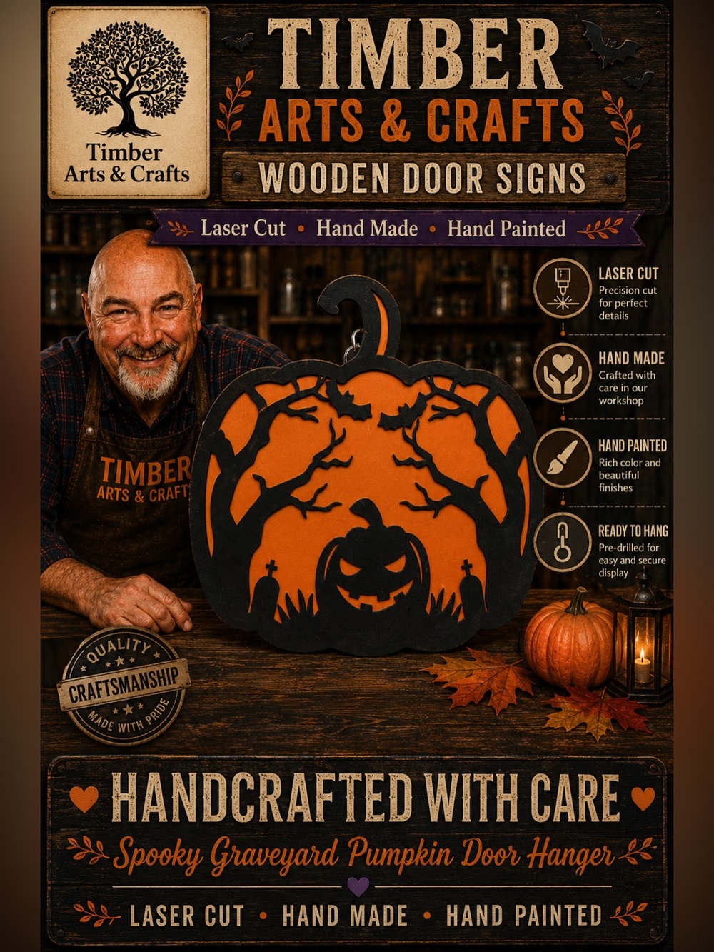 Hand Crafted Wooden "Halloween Spooky Graveyard " Door Hanger Laser Cut